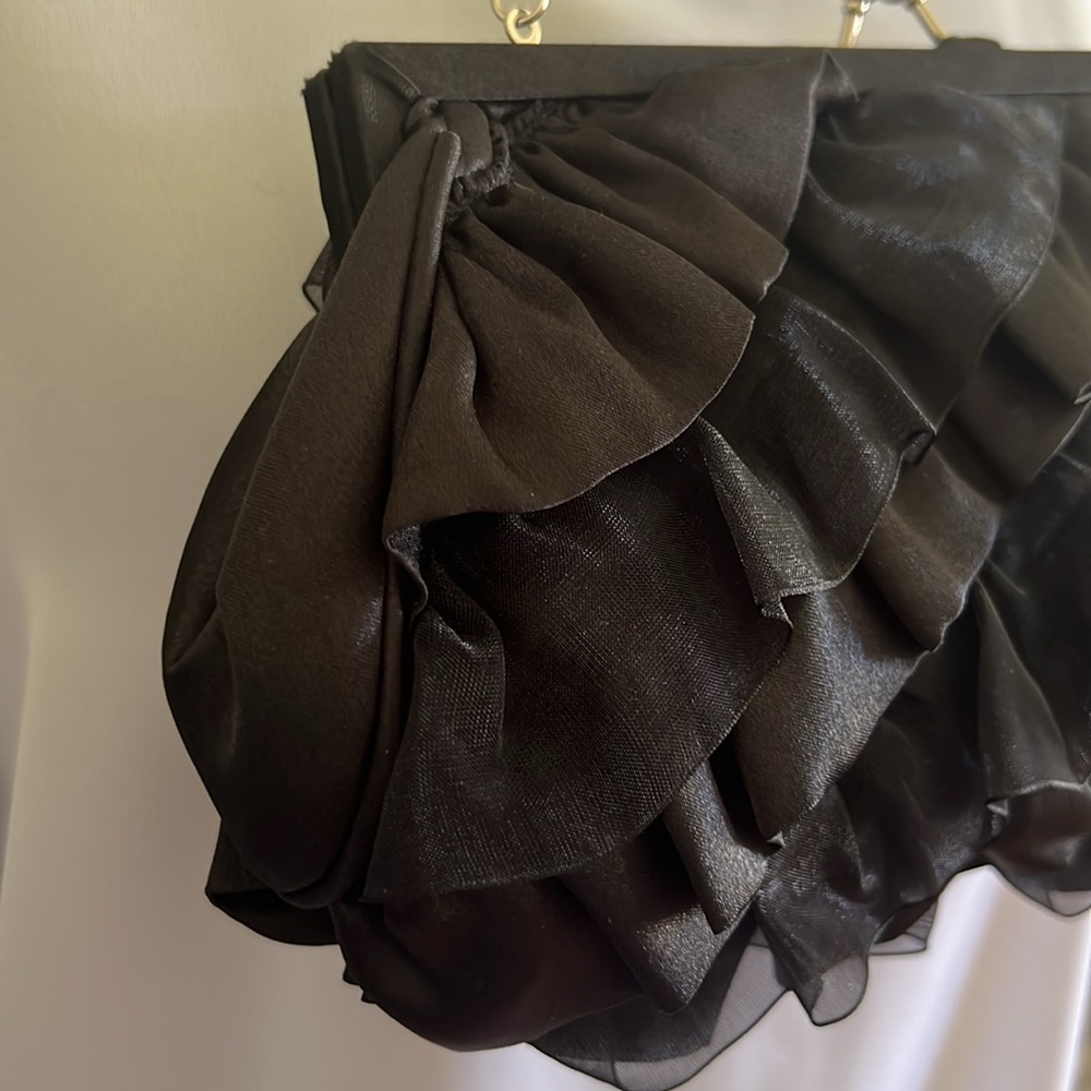 NWT: White House Black Market Ruffle Clutch Evening Bag, 21” silver chain, satin - Picture 4 of 8
